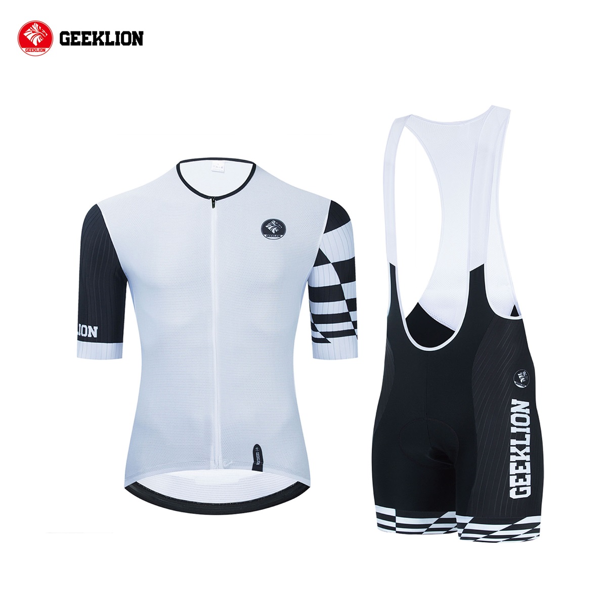 2023 New Geeklion Black-White Summer Cycling Set Short Sleeves Quick Dry Team PRO MTB Maillot Aero Fit Bike Bib Padded Pants