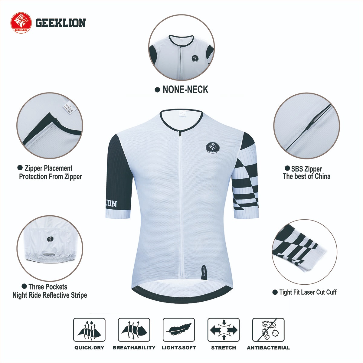 2023 New Geeklion Black-White Summer Cycling Set Short Sleeves Quick Dry Team PRO MTB Maillot Aero Fit Bike Bib Padded Pants
