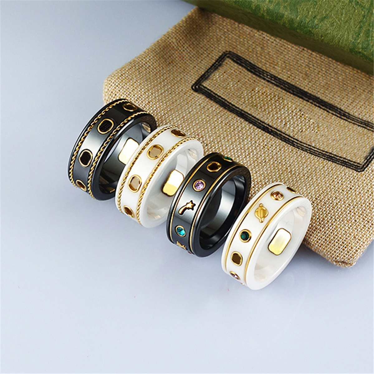  18K rose gold bee planet trend personality couple polished black and white ceramic pair ring
