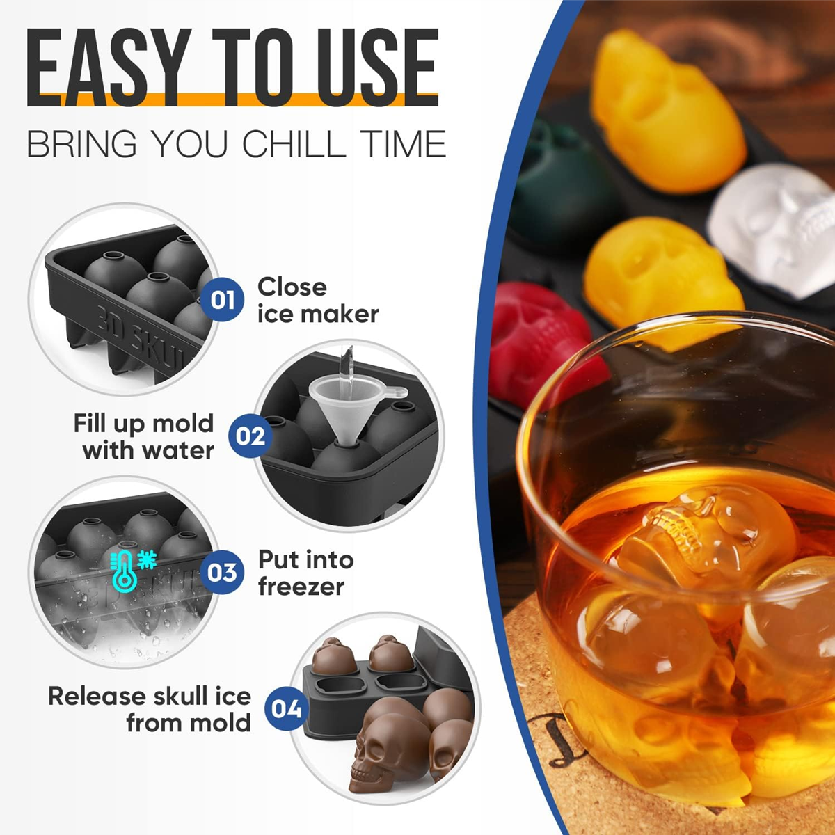 3D Skull Ice Cube Mold - Flexible Silicone Skull Ice Maker Mold for Whiskey - 10 Cavity Skull Ice Cube Tray with Funnel - Skull Silicone Mold for Baking, Chocolate, Candy and Resin