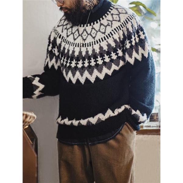 Cosily Crew Neck Knitted Sweater Fair Isle Jacquard