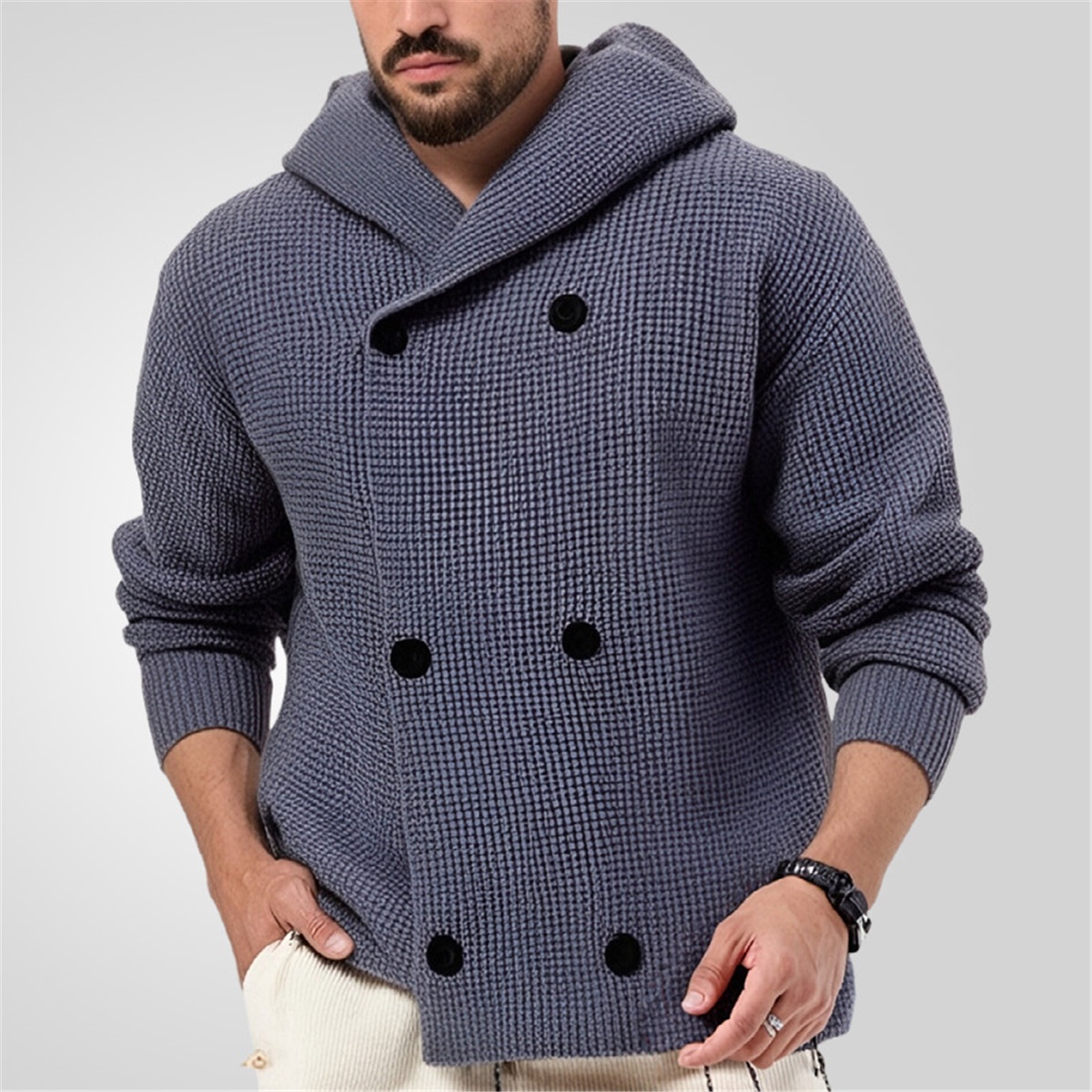 Casual Knit Thicked Double Breasted Hooded Sweater Jacket