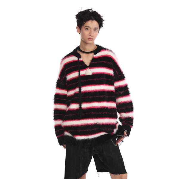 Fashionable Contrast Color V-neck Striped Sweater