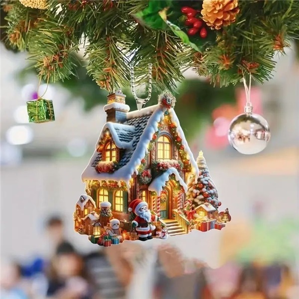 Christmas Creative Snow House Christmas Carriage Christmas Tree Decoration Acrylic Flat Car Rearview Mirror Pendant