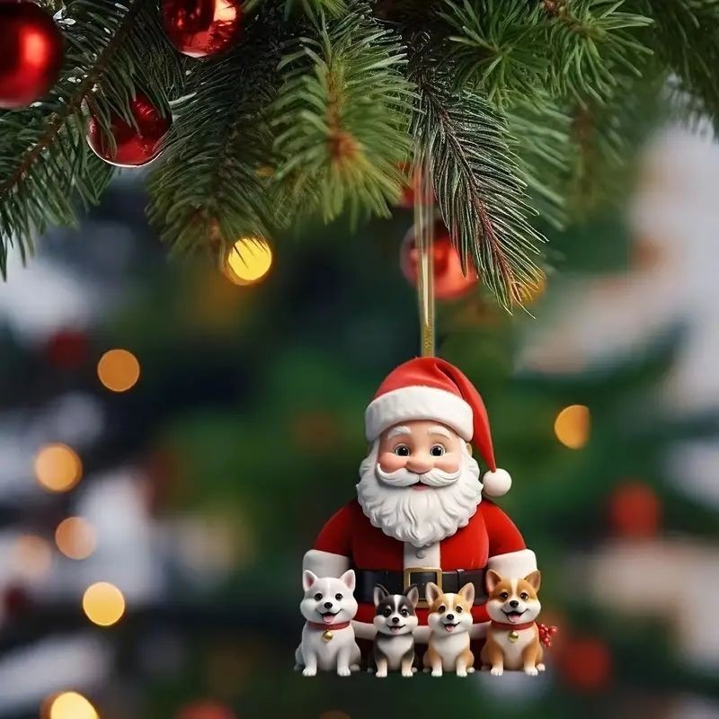 Christmas Santa Claus and Puppy Holiday Pendant Acrylic Flat Car Interior Decoration Pendant Bag Pendant