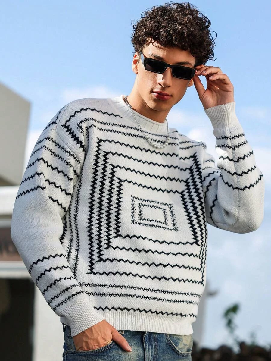 Men's Jacquard Twill Sweater Fall/Winter Knitted Pullover Crew Neck Fashion Men's Clothing