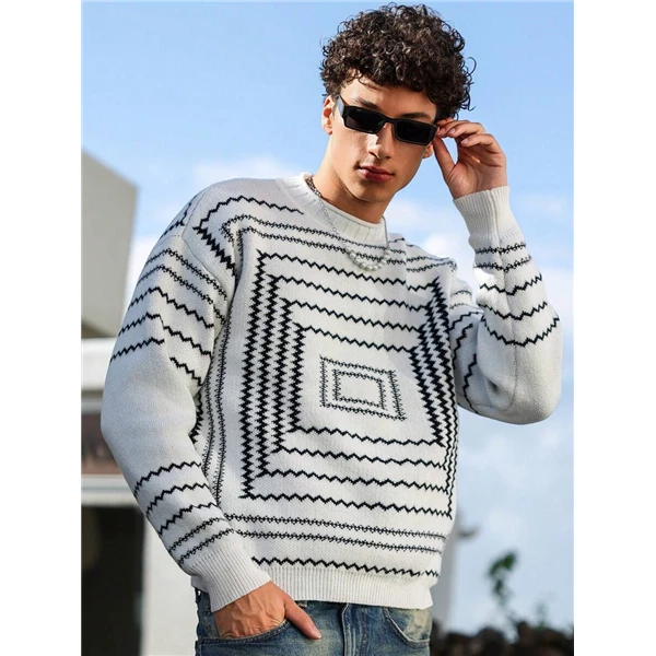 Men's Jacquard Twill Sweater Fall/Winter Knitted Pullover Crew Neck Fashion Men's Clothing