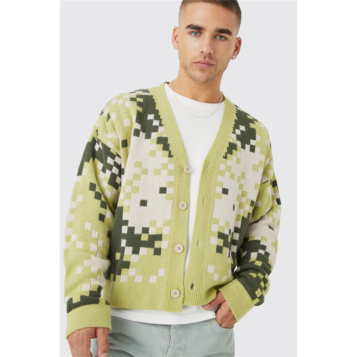New Men's Contrast Color Sweater Jacket Casual Long Sleeve Top Fashion Pixelated Cardigan