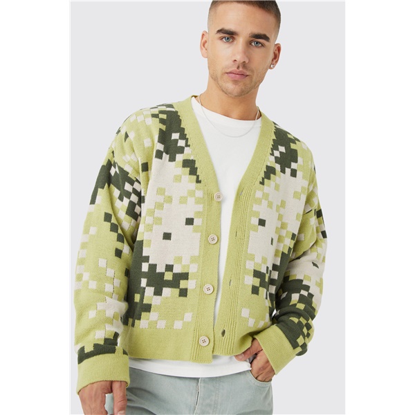 New Men's Contrast Color Sweater Jacket Casual Long Sleeve Top Fashion Pixelated Cardigan