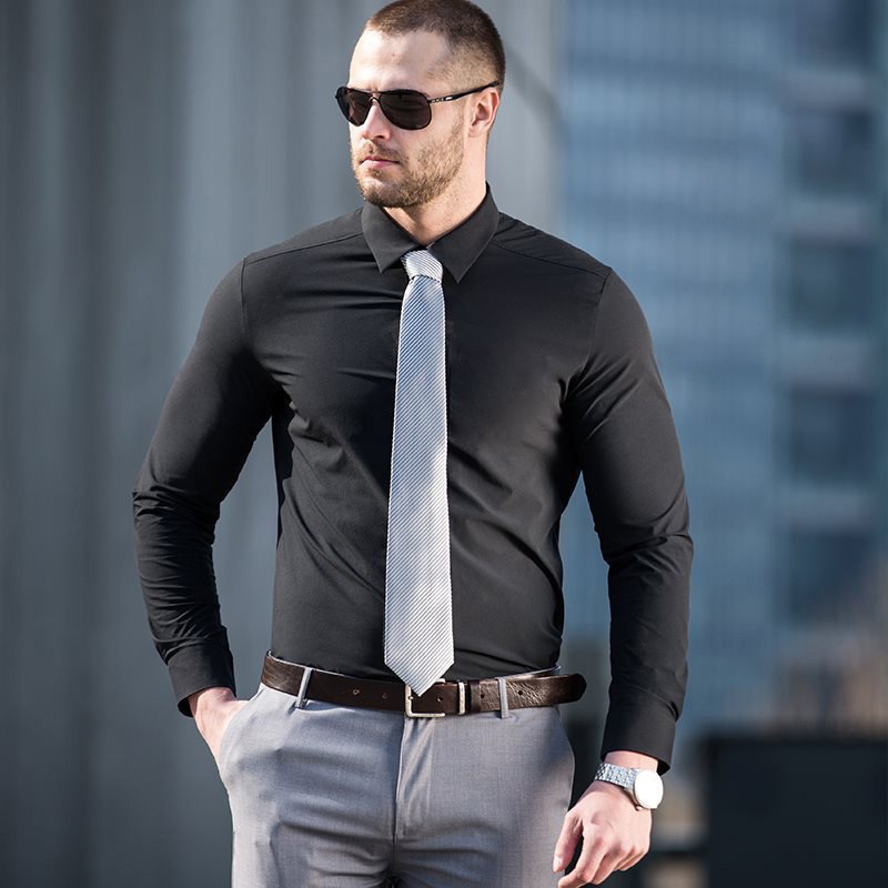 Men's Long Sleeve Stretch Shirt Non-Iron and Wrinkle-Resistant Solid Color Shirt