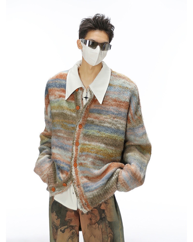 Retro Color Striped Contrast Cardigan Unisex Round Neck Loose Casual Couple Knitted Coat Sweater