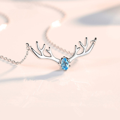 s925 Silver One Deer Has You Necklace Female Mori Department Elk Antler Pendant Christmas Theme Necklace