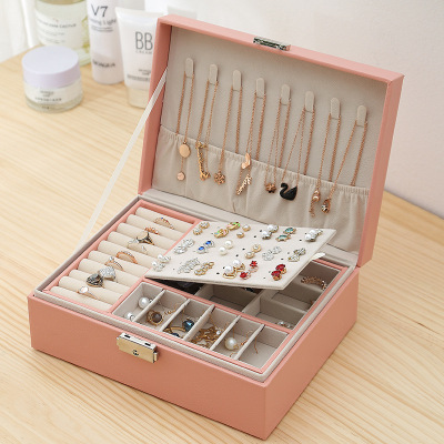 New double-layer wooden jewelry box with lock earrings earrings storage box jewelry box jewelry box gift box wholesale