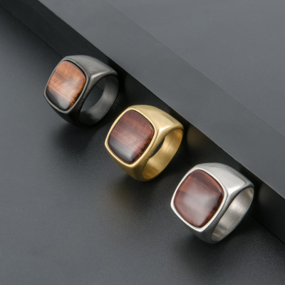 stainless steel black agate casting ring natural stone men's ring