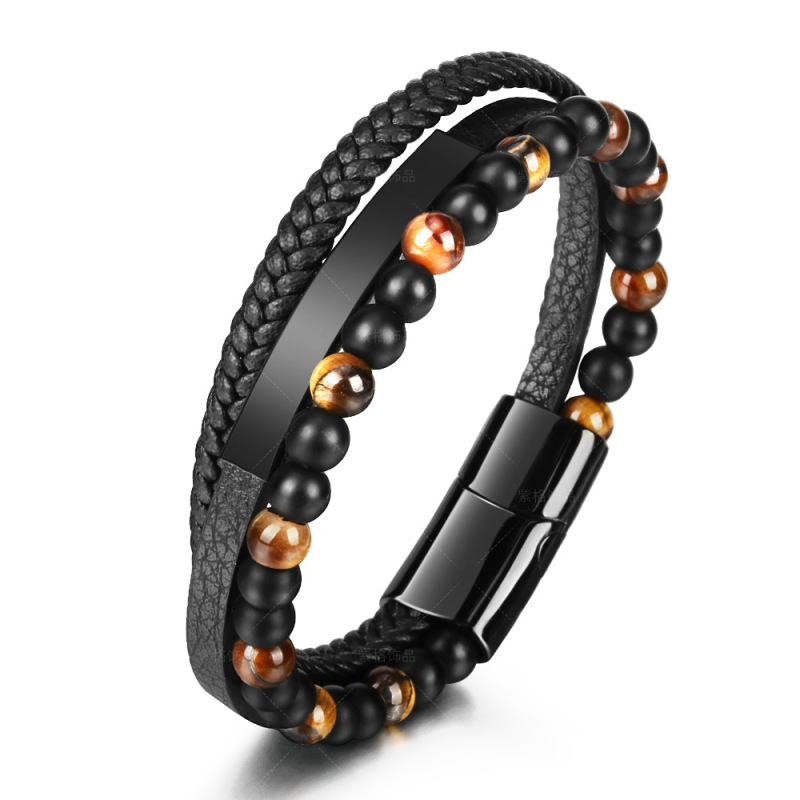 Amazon Tiger Eye Natural Stone Bead Bracelet Leather Rope Braided Bracelet Multilayer Men's Cowhide Black Bracelet