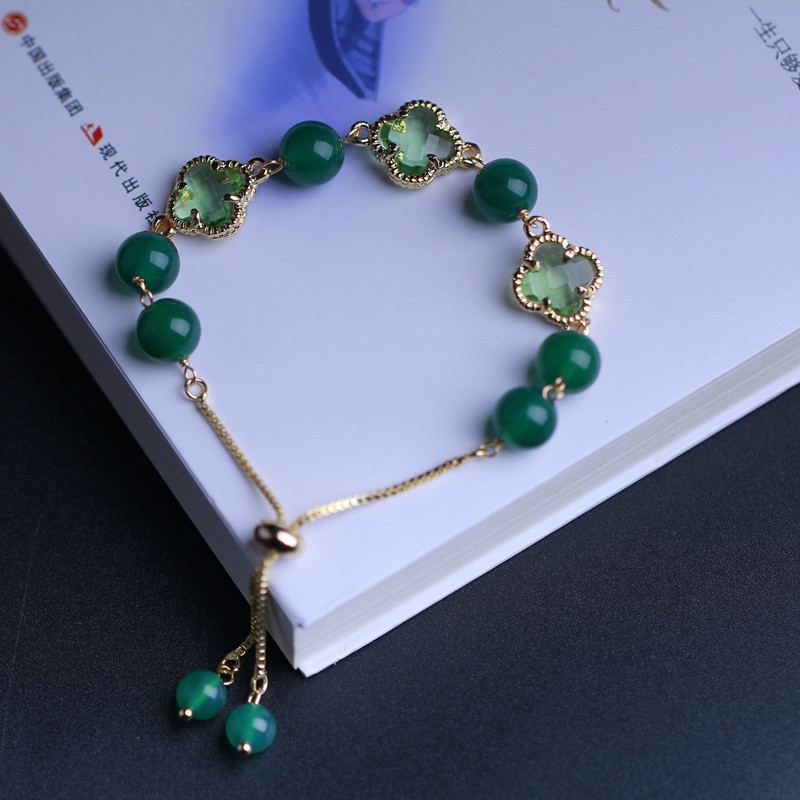 Natural Green Agate Single Ring Bracelet with Clover 14k Gold Chain Girls Fashion Versatile Auspicious Bracelet