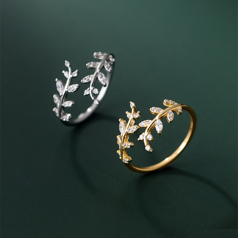 Sterling silver inlaid diamond branch bud ring does not fade niche design branch leaves opening ring jewelry Korean wholesale