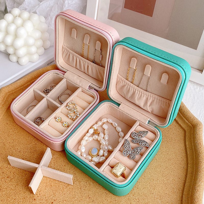 Simple Portable Palm Jewelry Box   Ring and Earring Storage Box Zipper Flip Cover Travel Trinket Box