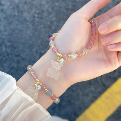 Super Fairy Natural Strawberry Crystal Three-dimensional Bear Bracelet Gray Moonlight Cute Bear Paw Sweet Fresh Bracelet Girlfriend Jewelry