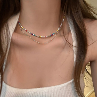 Colorful beaded stacked with broken silver necklace women's summer light luxury niche collarbone chain necklace accessories