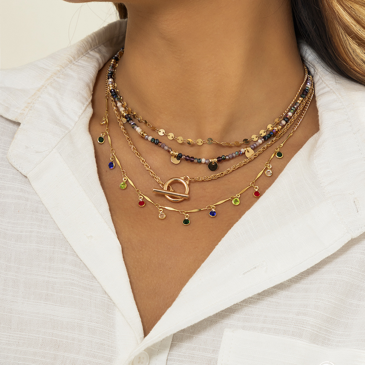 jewelry Retro color rhinestone tassels all-match necklaces Stacked niche crystal bead sequin necklaces
