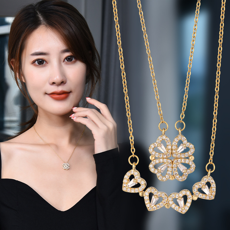 A new type of two-wearing heart-to-heart women's opening and closing four-leaf clover necklace fashion love folding creative collarbone 