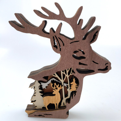 2023 New Forest Animal Wooden Crafts Decoration Creative Home Decoration Wooden Christmas Deer Ornament