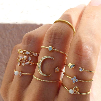Ring diamond love pearl leaf 10-piece set ring creative retro female joint ring