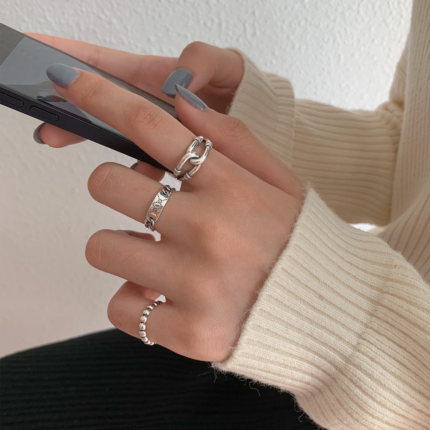  s925 sterling silver retro niche design ring women do not fade cold indifferent high-end ring chain jewelry