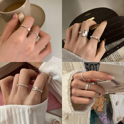 Minimalist line 925 sterling silver pearl ring female niche design ins style personality geometric high-end open ring