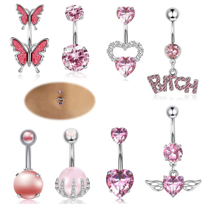 Stainless Steel Set Navel Ring Wings Heart Navel Navel Pink System Body Piercing