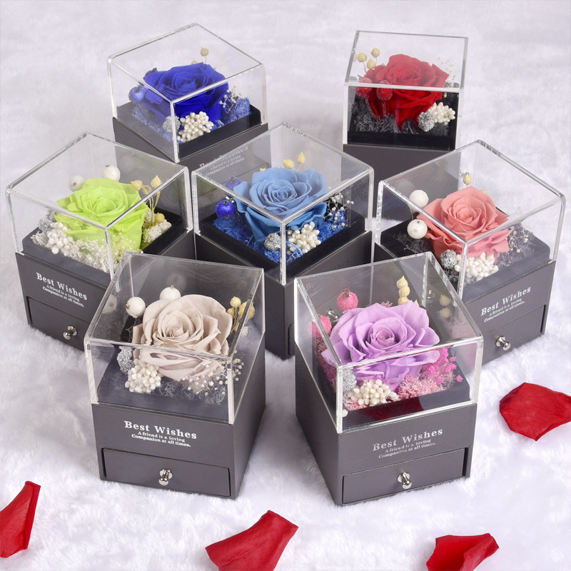 9CM Preserved Flower Acrylic Jewelry Box Real Rose Drawer Gift Box Necklace Ring Lover