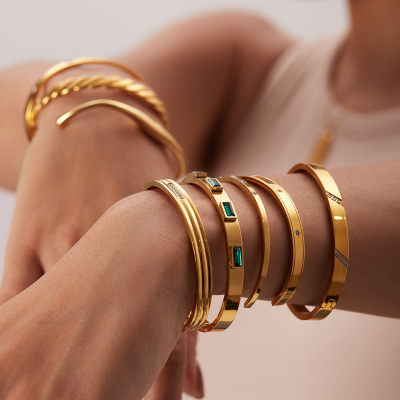 retro titanium steel opening gold bracelet does not fade stainless steel bracelet female high-end zircon bracelet